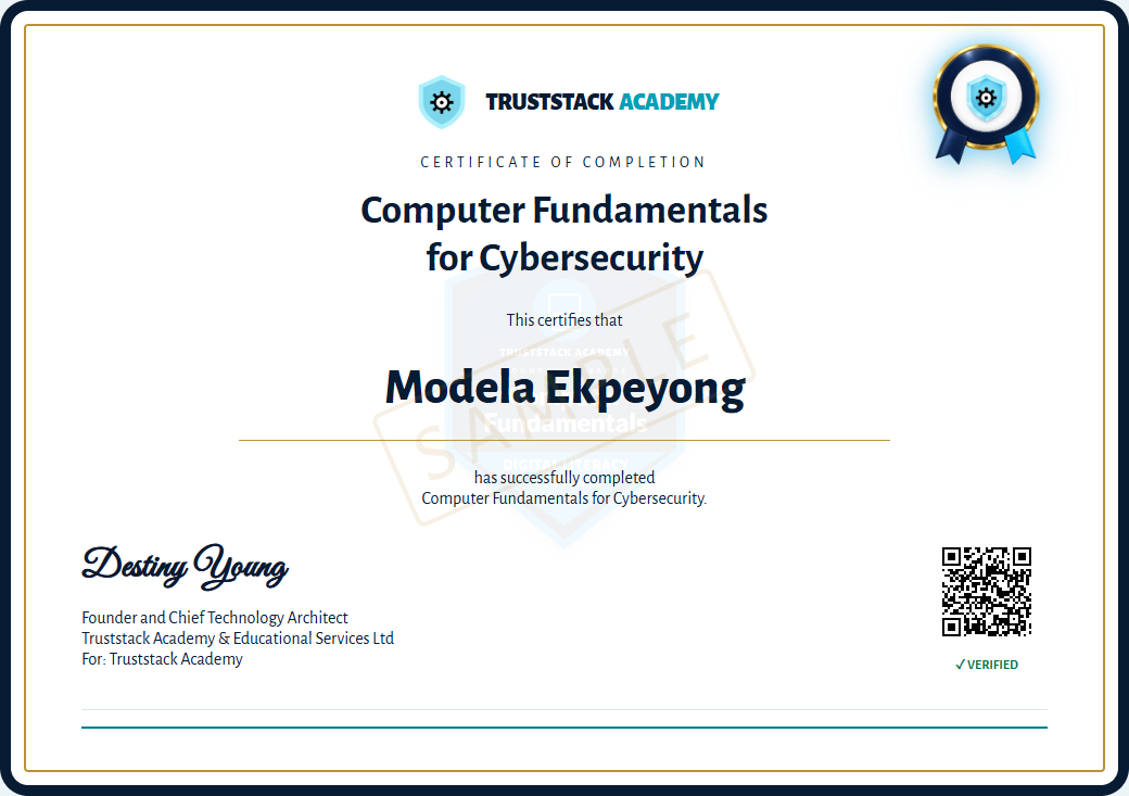Landscape sample Computer Fundamentals certificate for Modela Ekpeyong, marked SAMPLE