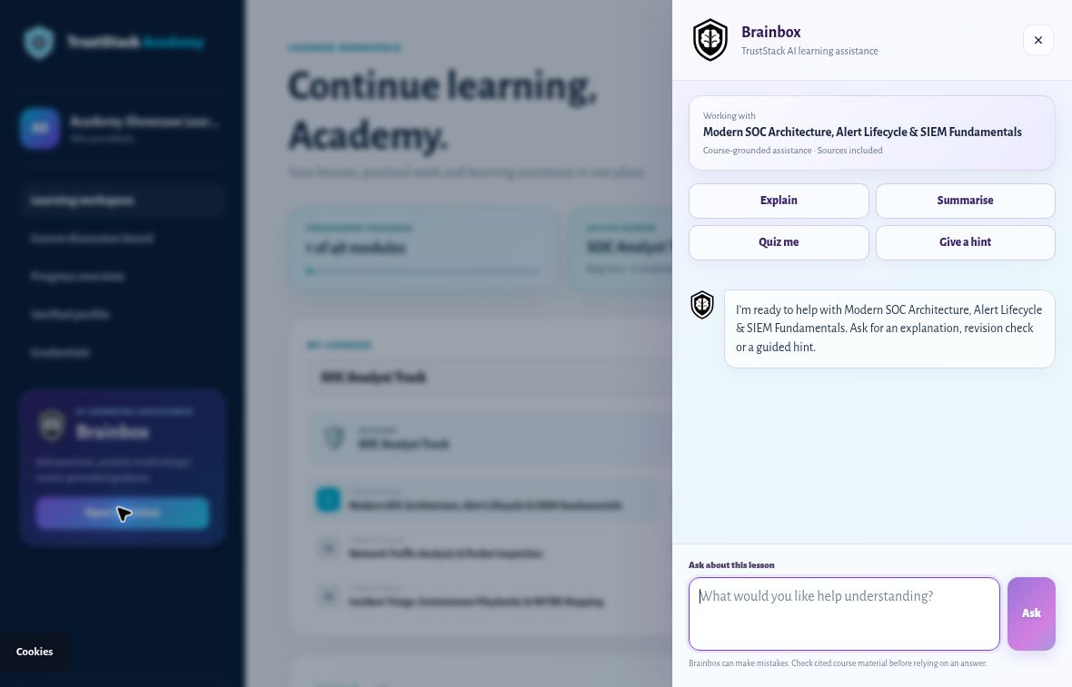 Figure 13. Brainbox provides four learning modes and a question field in a side panel.