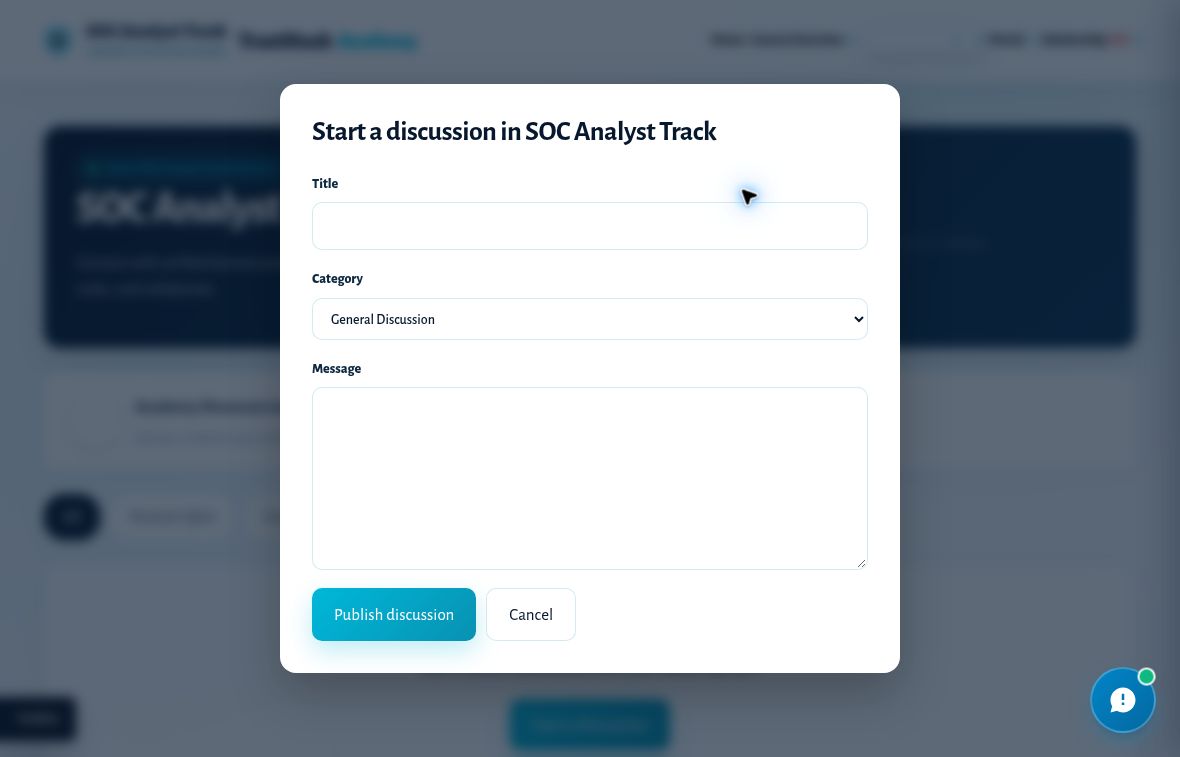 Figure 14. Discussion composer showing Title, Category, Message and the publish or cancel actions.