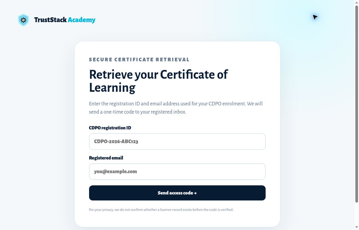 Figure 8. CDPO secure certificate-retrieval form. No code or learner record is shown.