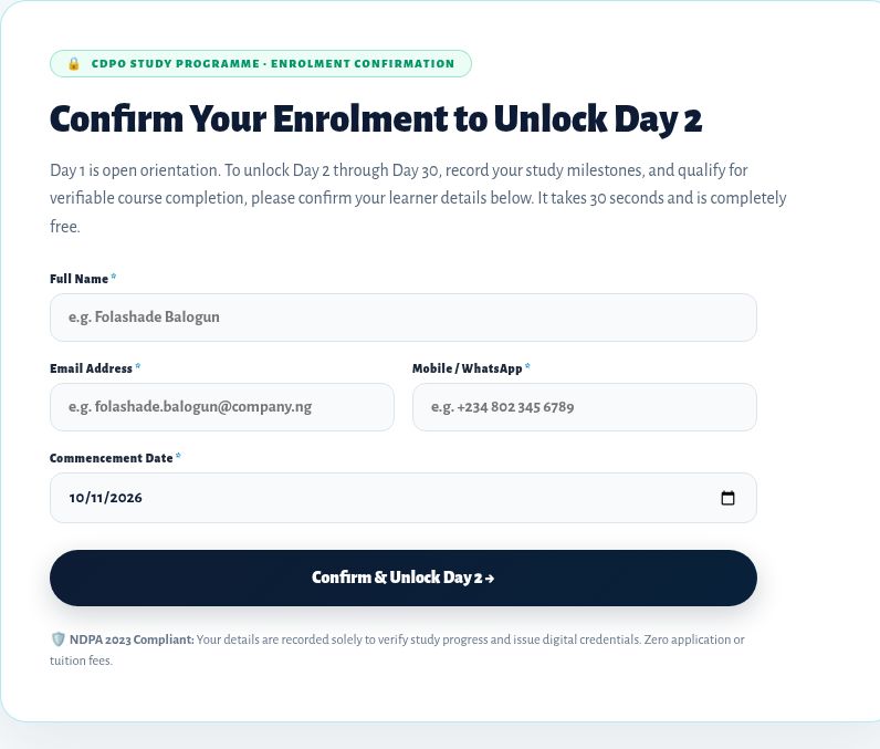 Figure 7. Live CDPO enrolment gate for Day 2. Day 1 remains public orientation.