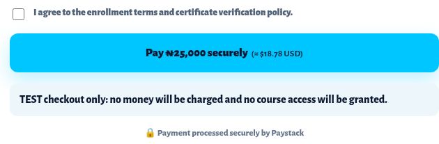 Figure 2. The current checkout explicitly says TEST only and grants no course access.