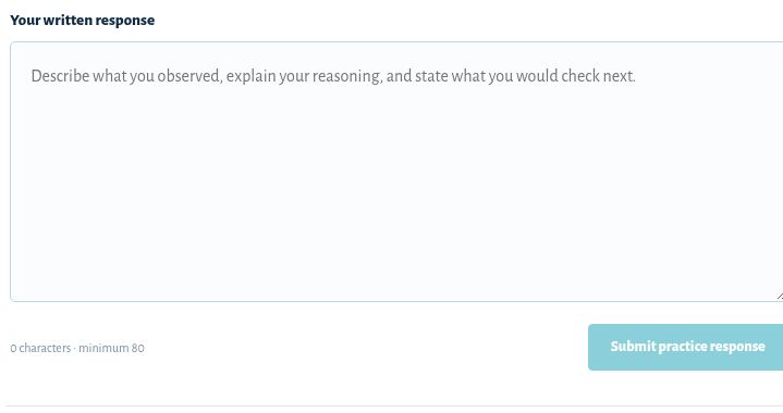 Figure 6. Public interactive demo; no learner record or credential. Practice uses a written response and a Submit practice response action.